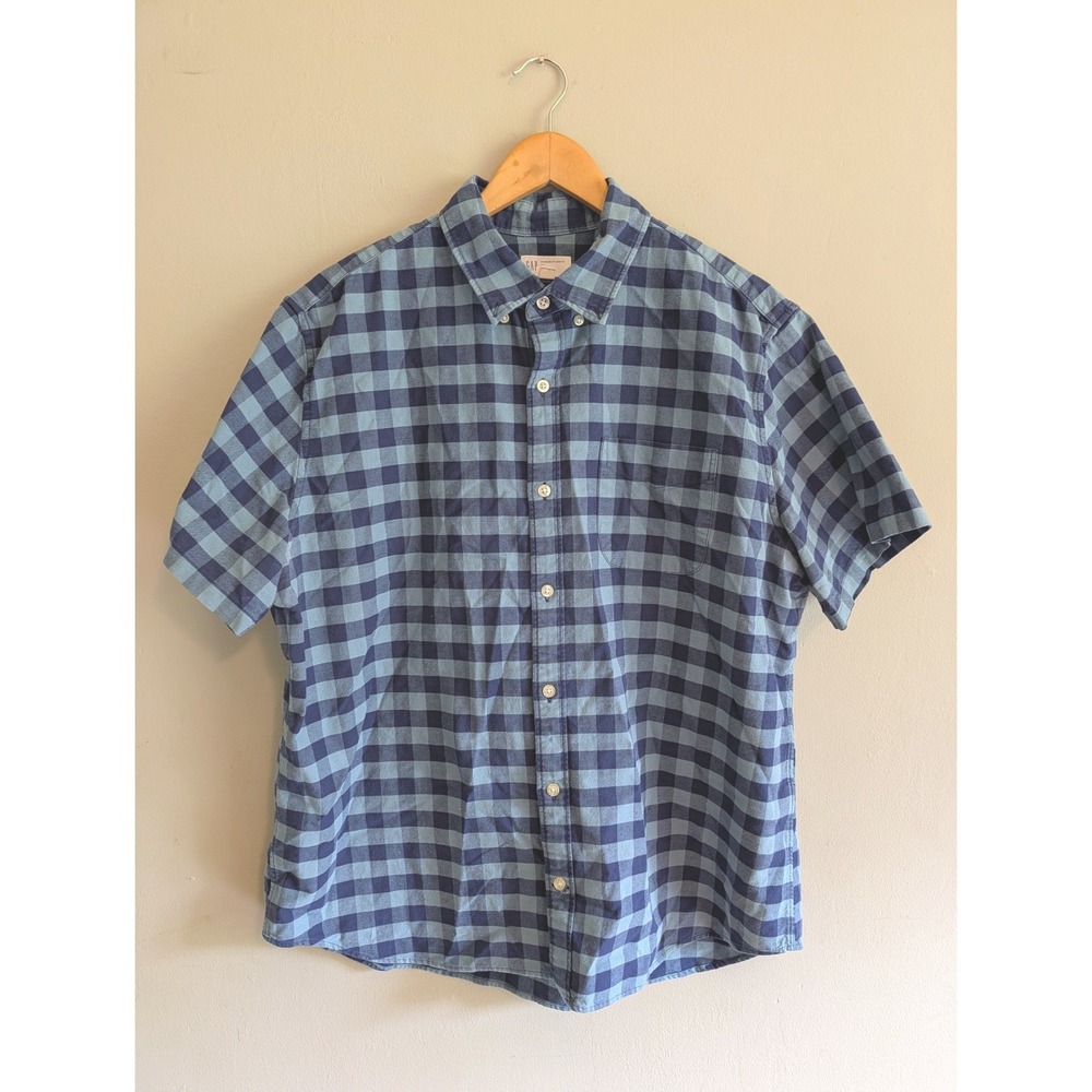 Gap Mens XL Standard Fit Stretch Short Sleeve Button Down Skool Blue Check Shirt